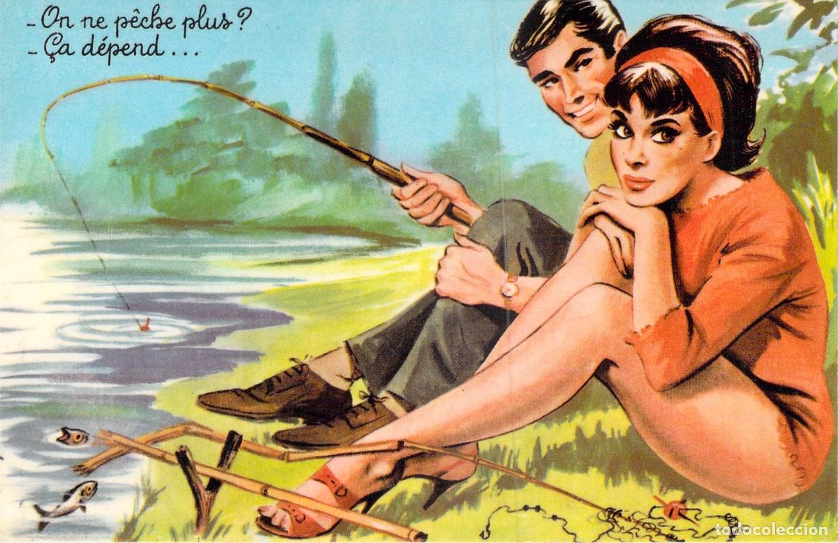 Postales: Postal Ilustrada Pareja Pescando Humor Rom&aacute;ntico