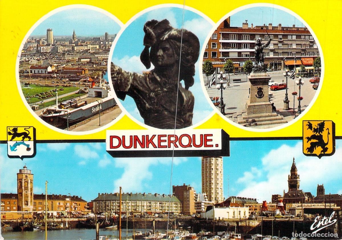 Postales: Postal de Dunkerque, Francia: Puerto, Estatua de Jean Bart y Ayuntamiento