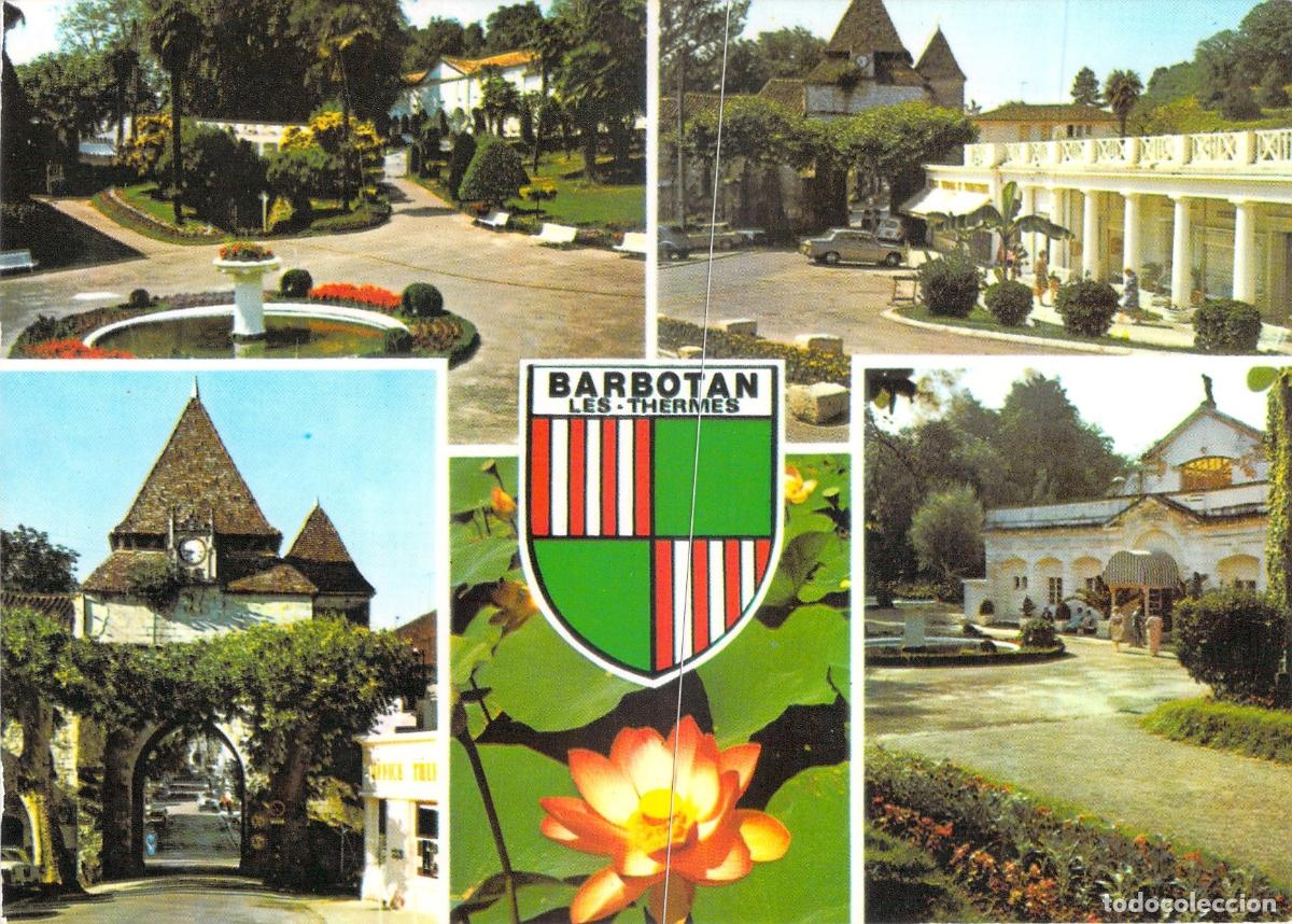 Postales: Postal de Barbotan-les-Thermes: Vistas de los Ba&ntilde;os, Iglesia y Parque