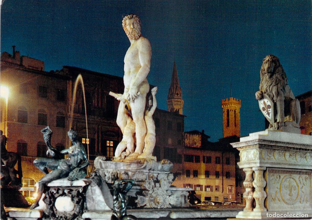 Postales: Postal Florencia Piazza della Signoria y Fuente de Neptuno Nocturna