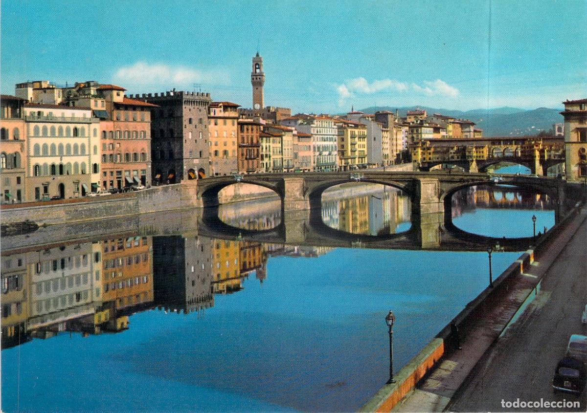Postales: Postal de Florencia: Puente Santa Trinita y Ponte Vecchio sobre el Arno