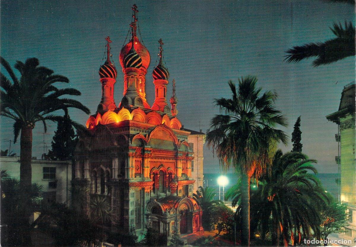 Postales: Postal Sanremo de Noche Iglesia Rusa Riviera de las Flores Italia