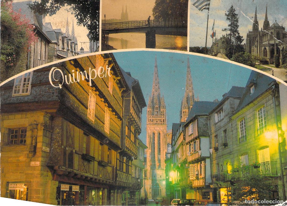 Postales: Postal de Quimper - Calle K&eacute;r&eacute;on y Catedral de San Corent&iacute;n, Breta&ntilde;a