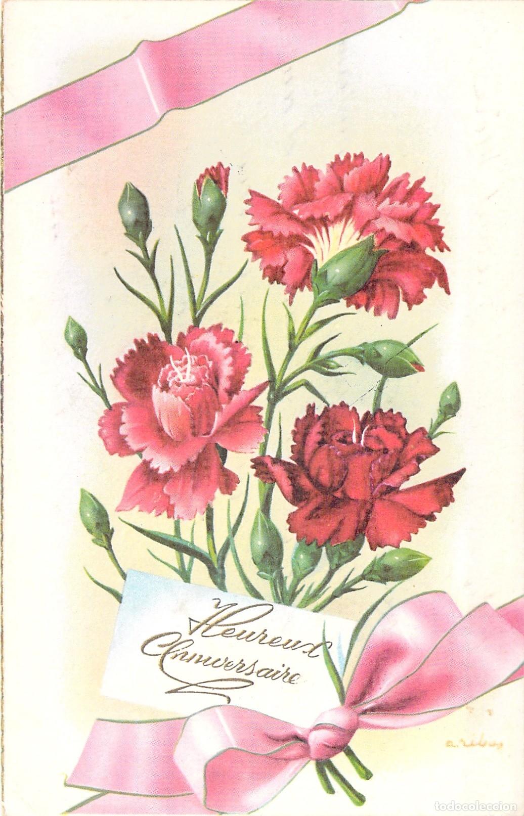 Postales: Postal de Feliz Cumplea&ntilde;os con Claveles Rosas y Lazo