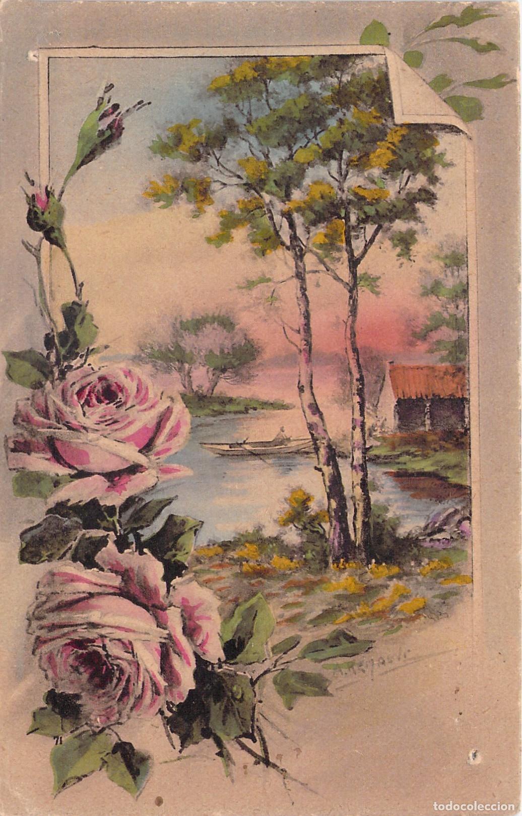 Postales: Postal Ilustrada de Paisaje con Rosas y Lago
