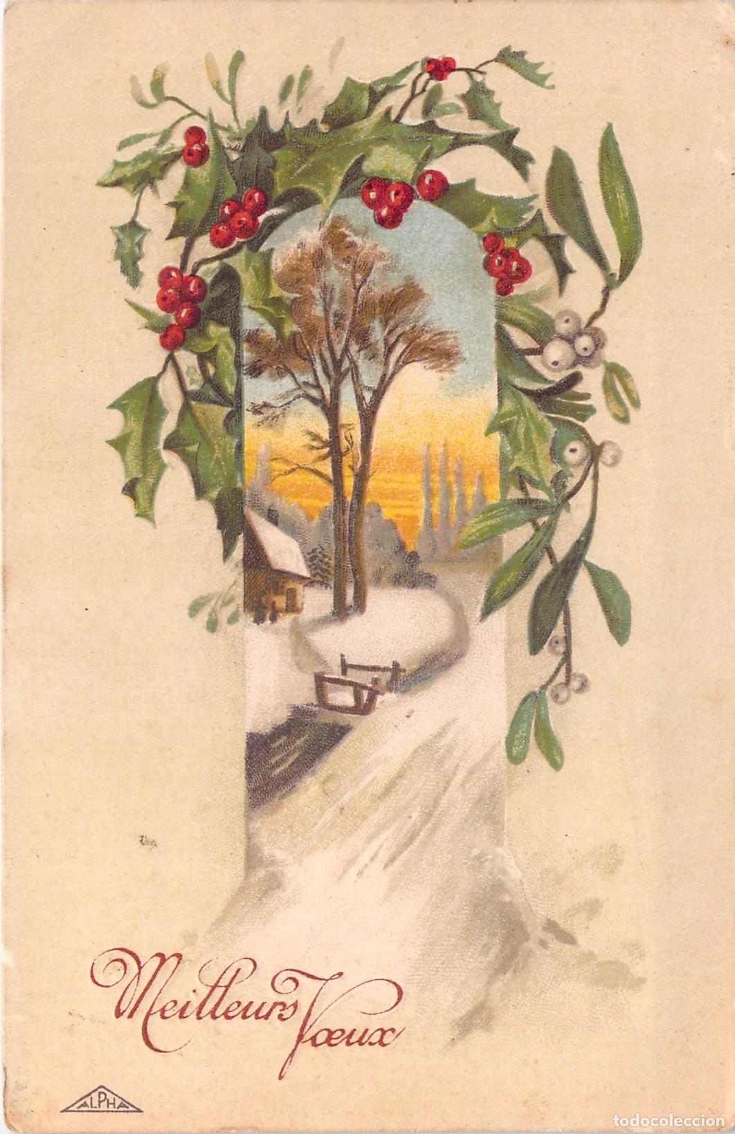 Postales: Postal Francesa de A&ntilde;o Nuevo con Paisaje Nevado y Acebo