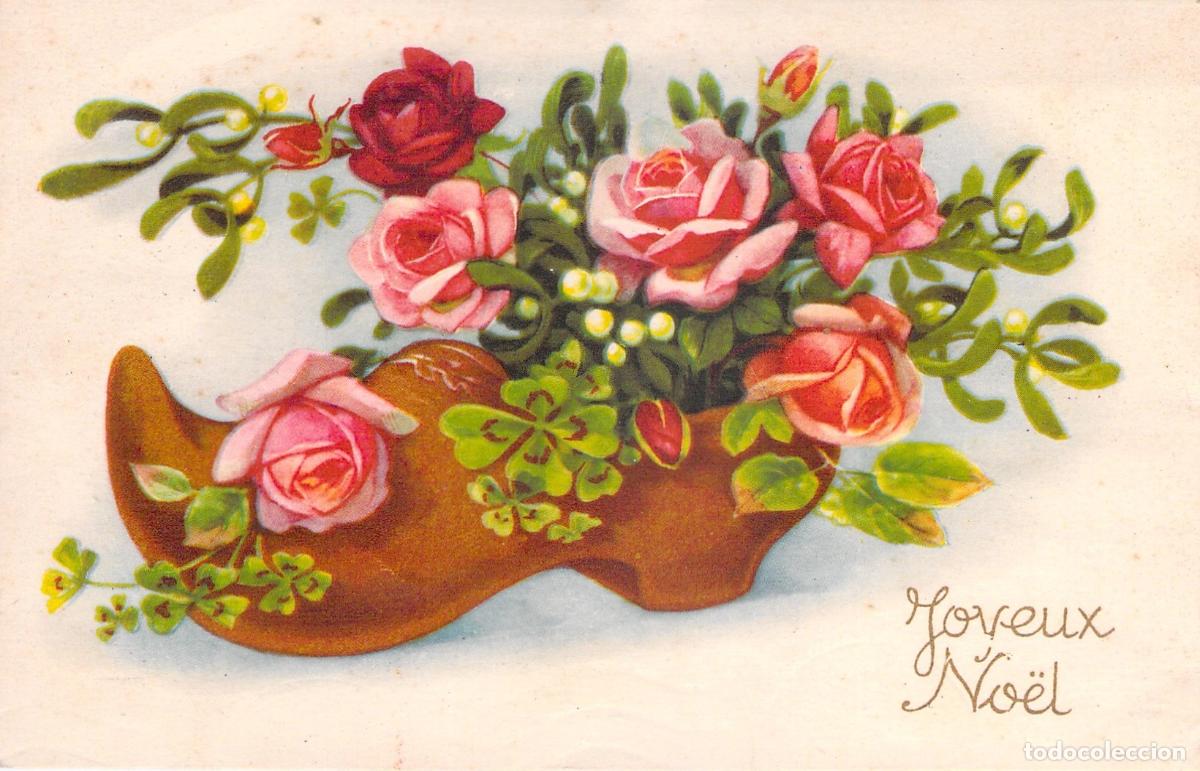 Postales: Postal de Navidad Francesa con Rosas y Zapato de Madera