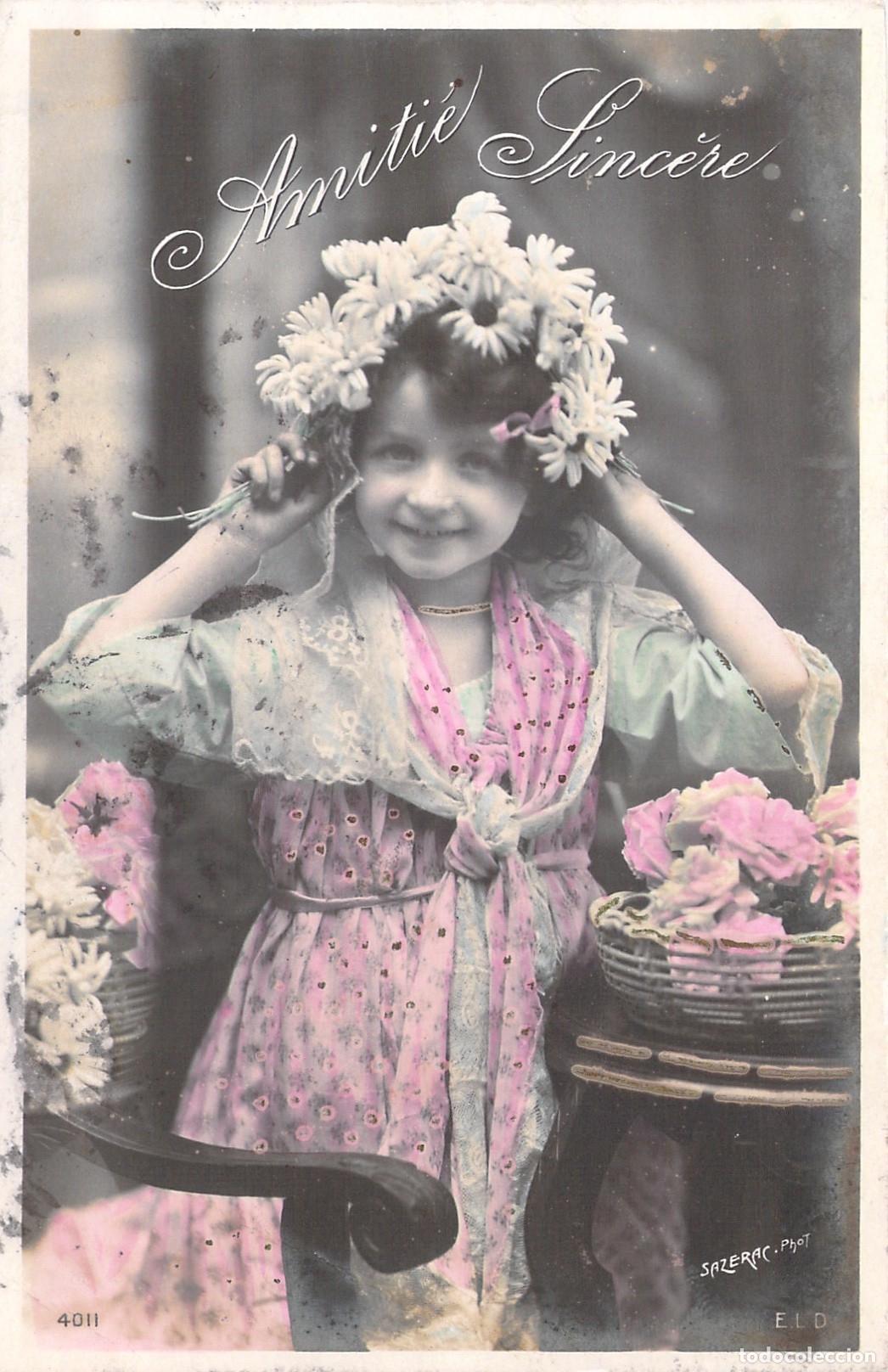 Postales: Postal Antigua de Ni&ntilde;a con Corona de Flores Amiti&eacute; Sinc&egrave;re