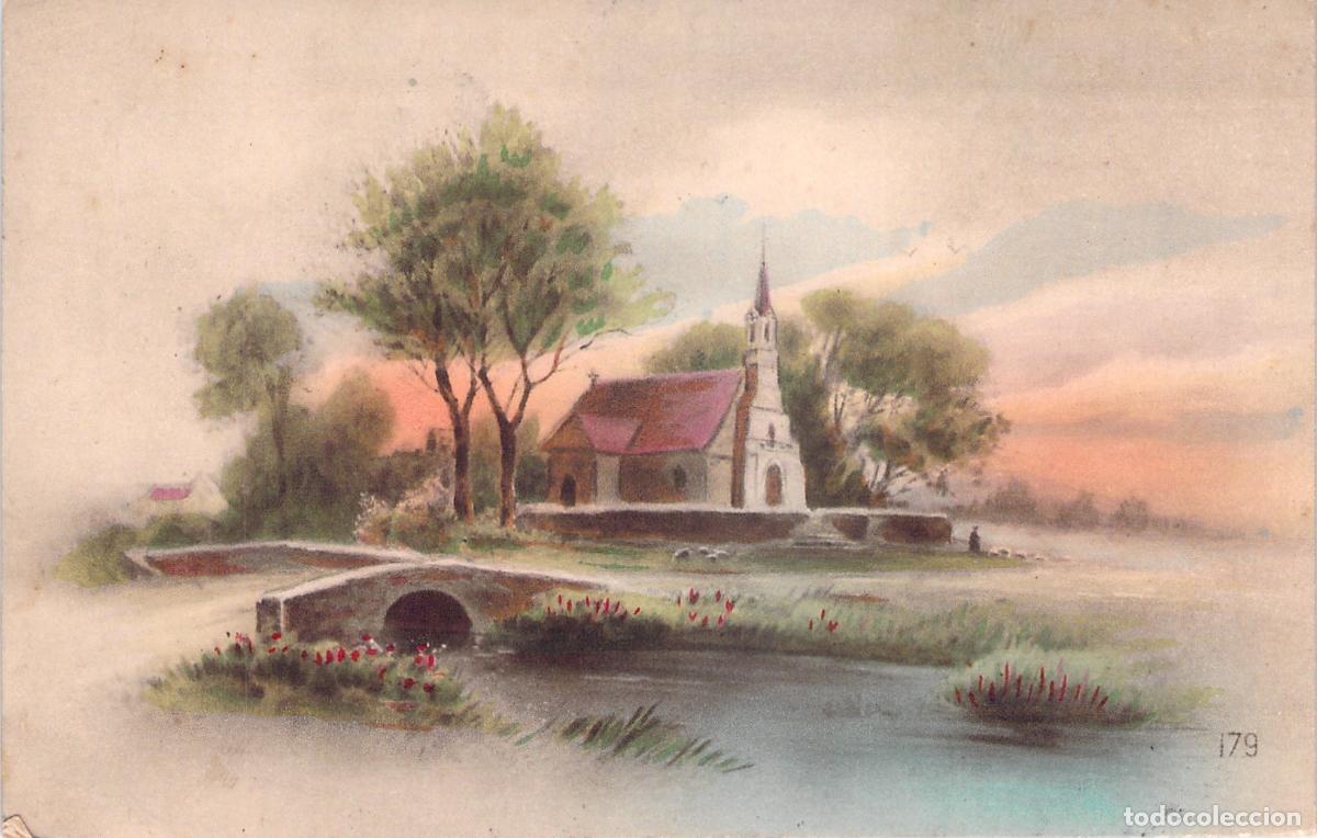 Postales: Postal Ilustrada de Paisaje con Capilla y Puente de Piedra