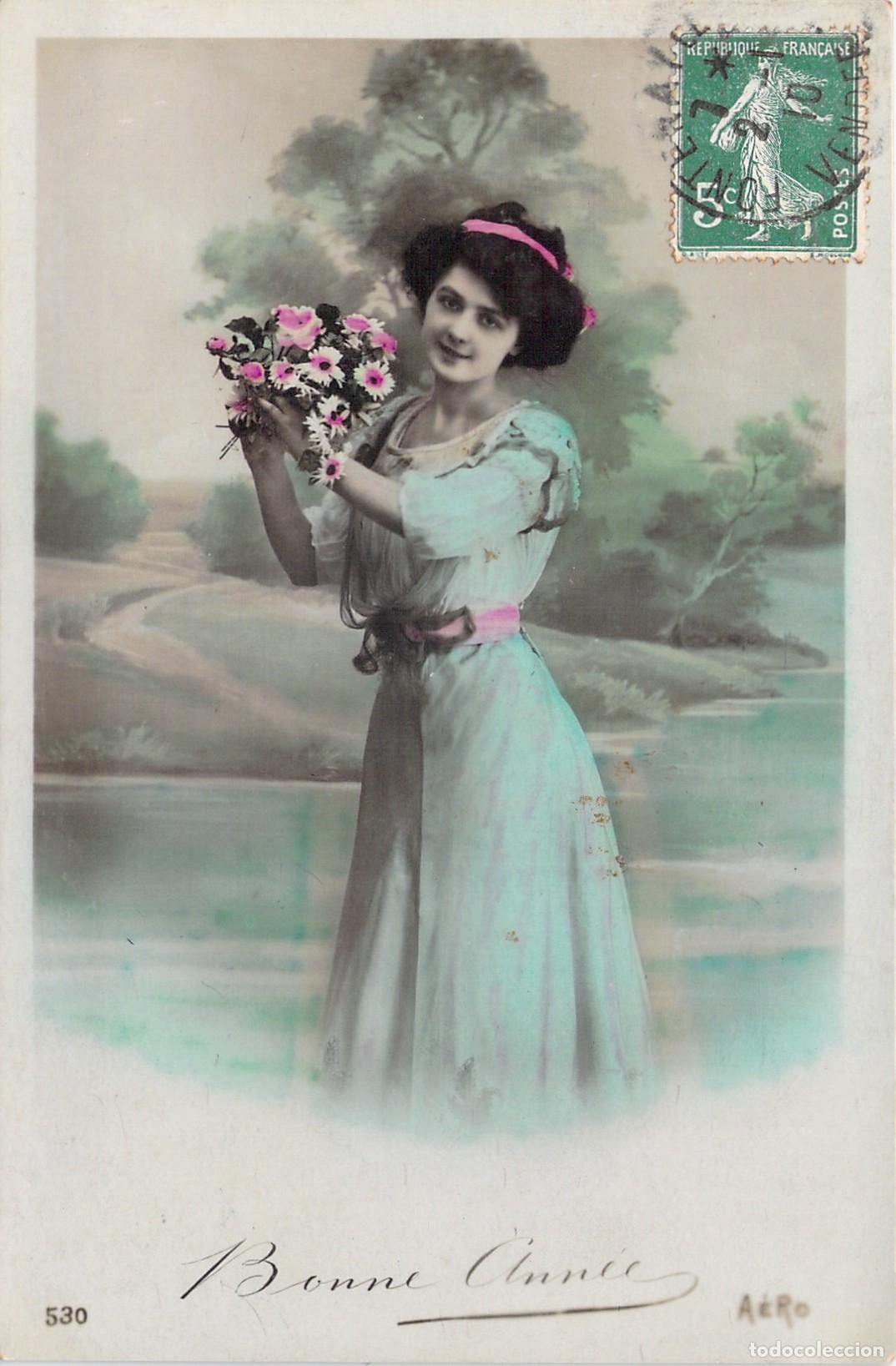 Postales: Postal Francesa de A&ntilde;o Nuevo con Retrato de Mujer y Flores