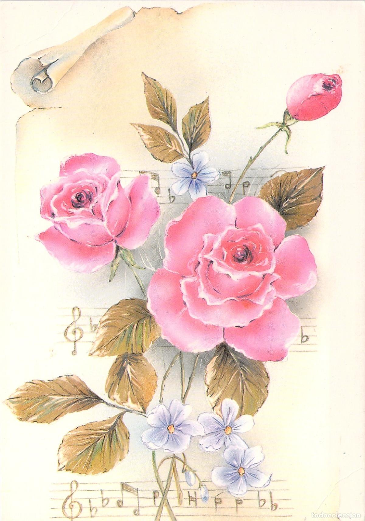 Cartoline: Postal Ilustrada de Rosas Rosas y Notas Musicales