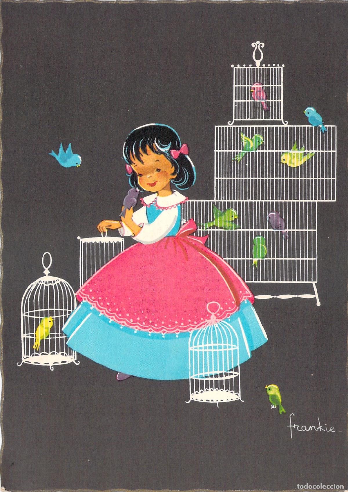 Cartoline: Postal de Ilustraci&oacute;n Infantil Ni&ntilde;a con P&aacute;jaros y Jaulas por Frankie