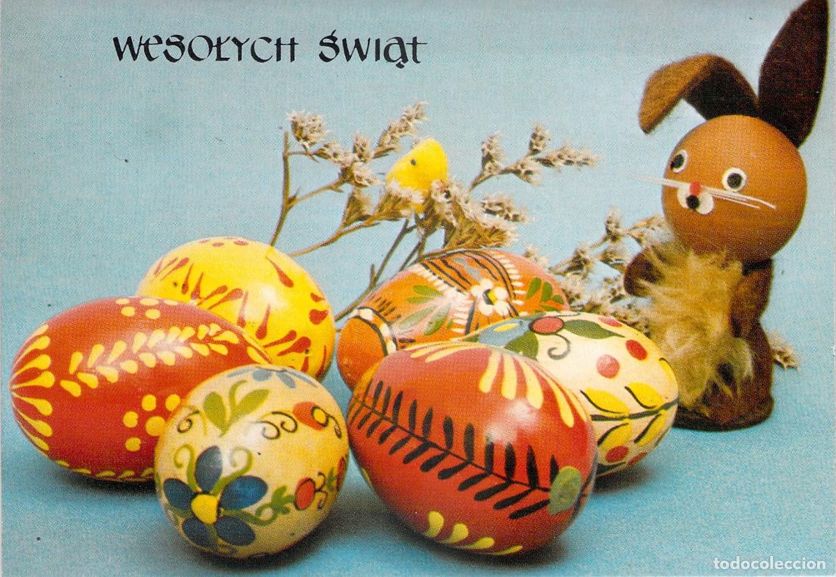 Postales: Postal de Pascua con Huevos Pintados y Conejo