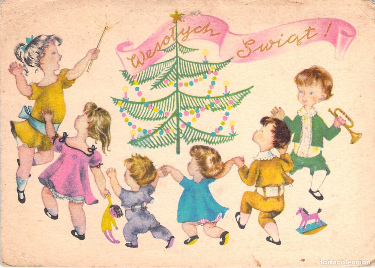 Postales: Postal de Navidad Polaca con Ni&ntilde;os Bailando y &Aacute;rbol Decorado