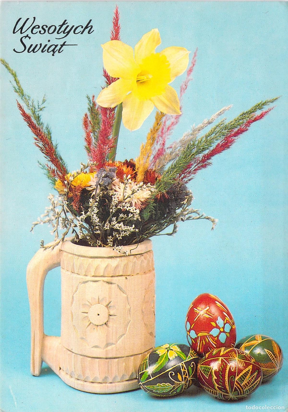 Postkarten: Postal de Pascua Polaca con Huevos Pisanki y Narciso Amarillo