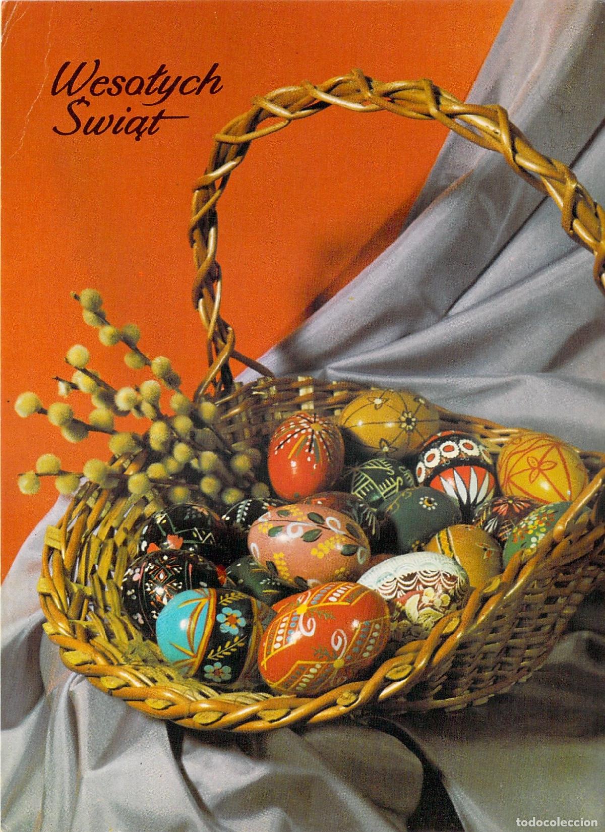 Postales: Postal de Pascua Polaca con Canasta de Huevos Decorados Pisanki