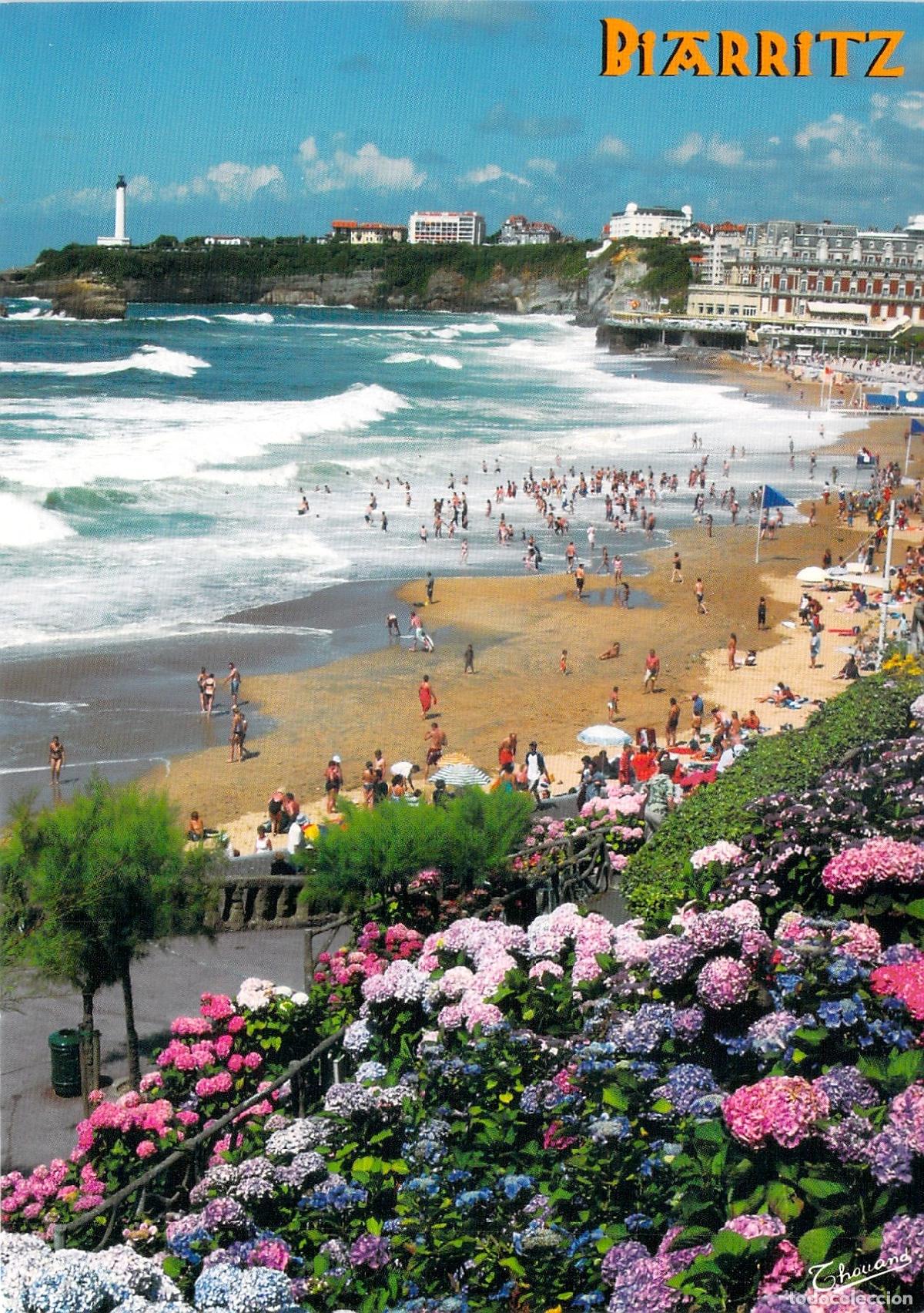 Postales: Postal de Biarritz - Vista de La Grande Plage y Hortensias