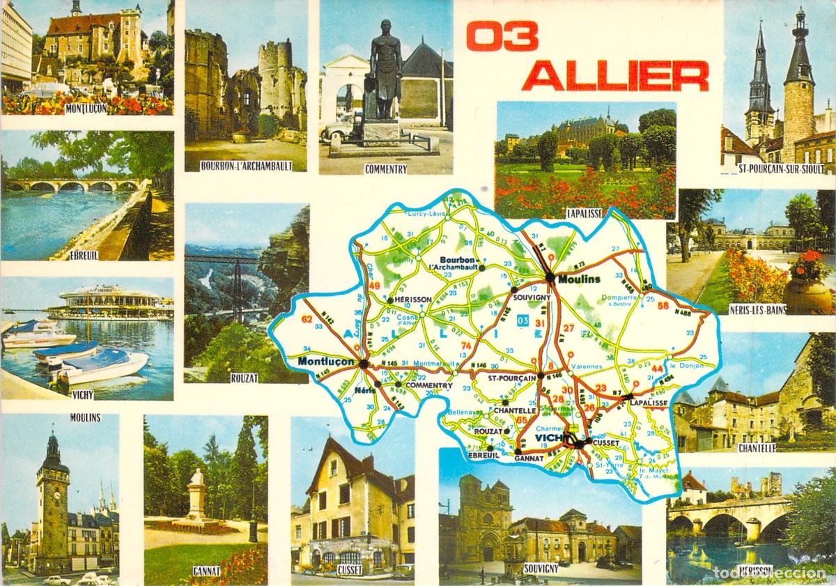 Postales: Postal de Allier Francia con Mapa y Vistas de Ciudades