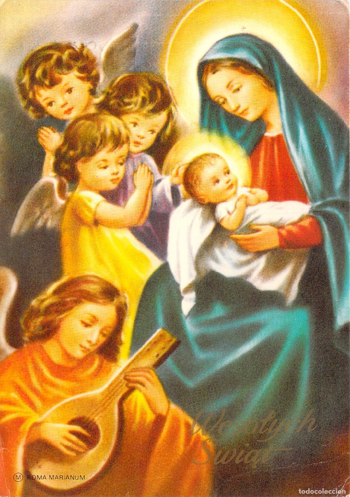Postales: Postal de Navidad Virgen Mar&iacute;a con Ni&ntilde;o Jes&uacute;s y &Aacute;ngeles M&uacute;sicos