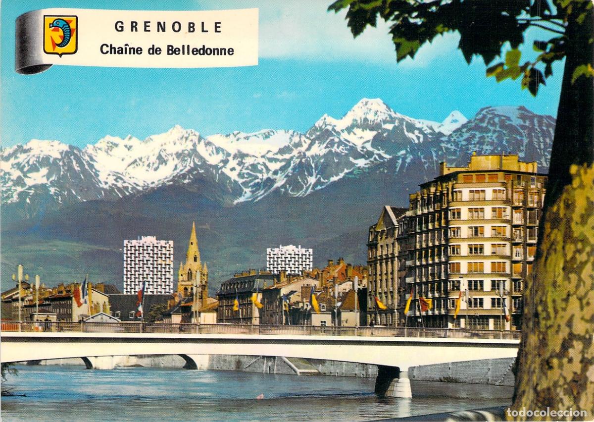 Postales: Postal de Grenoble: Pont de la Porte de France y la cadena de Belledonne