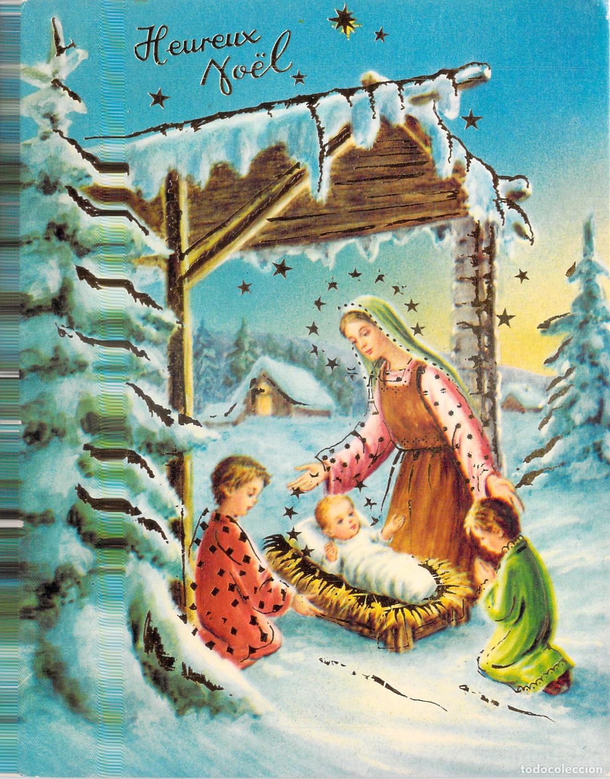 Postales: Postal de Navidad con Escena del Nacimiento y Pesebre en la Nieve