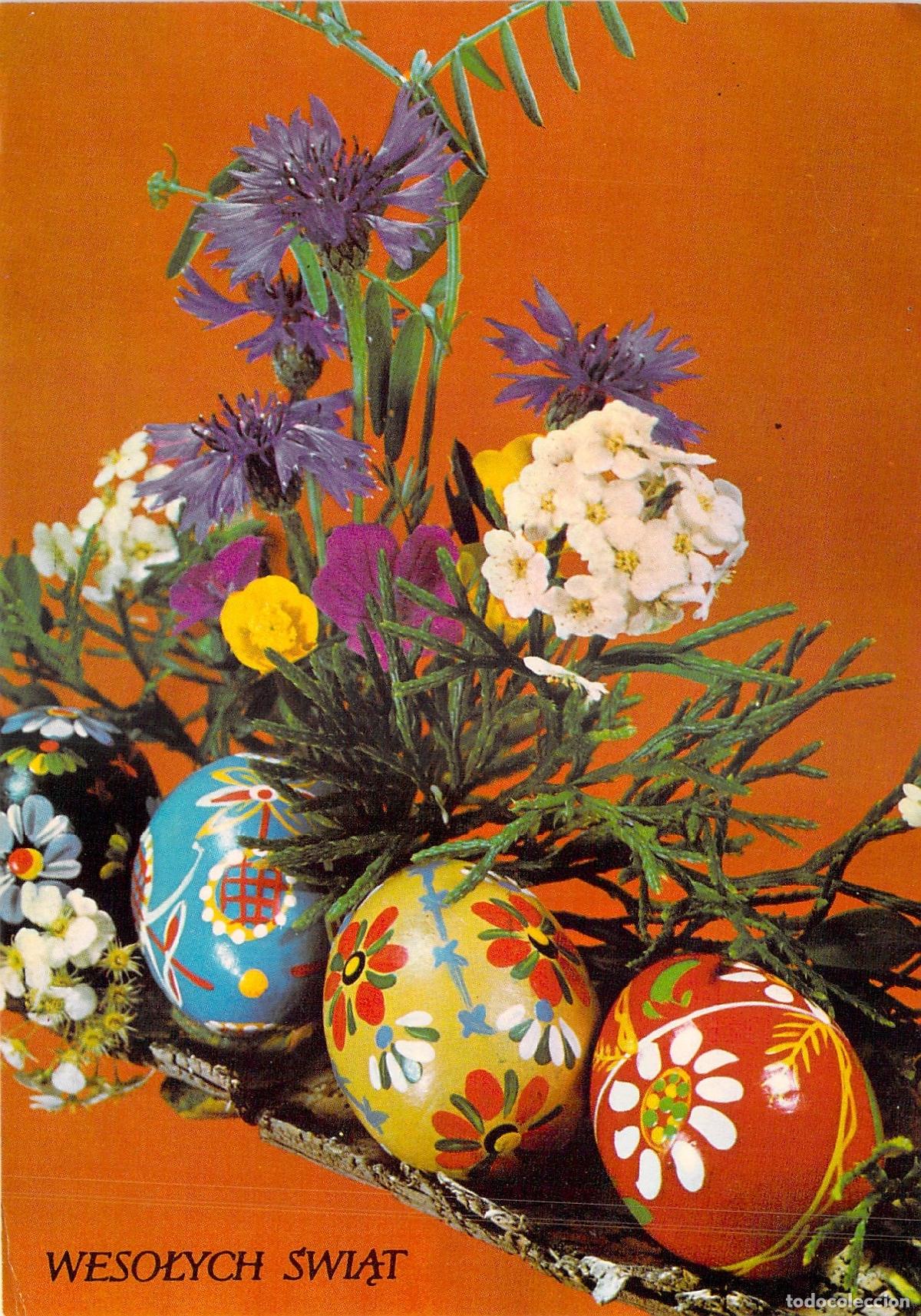 Postales: Postal de Pascua Polaca con Huevos Decorados y Flores