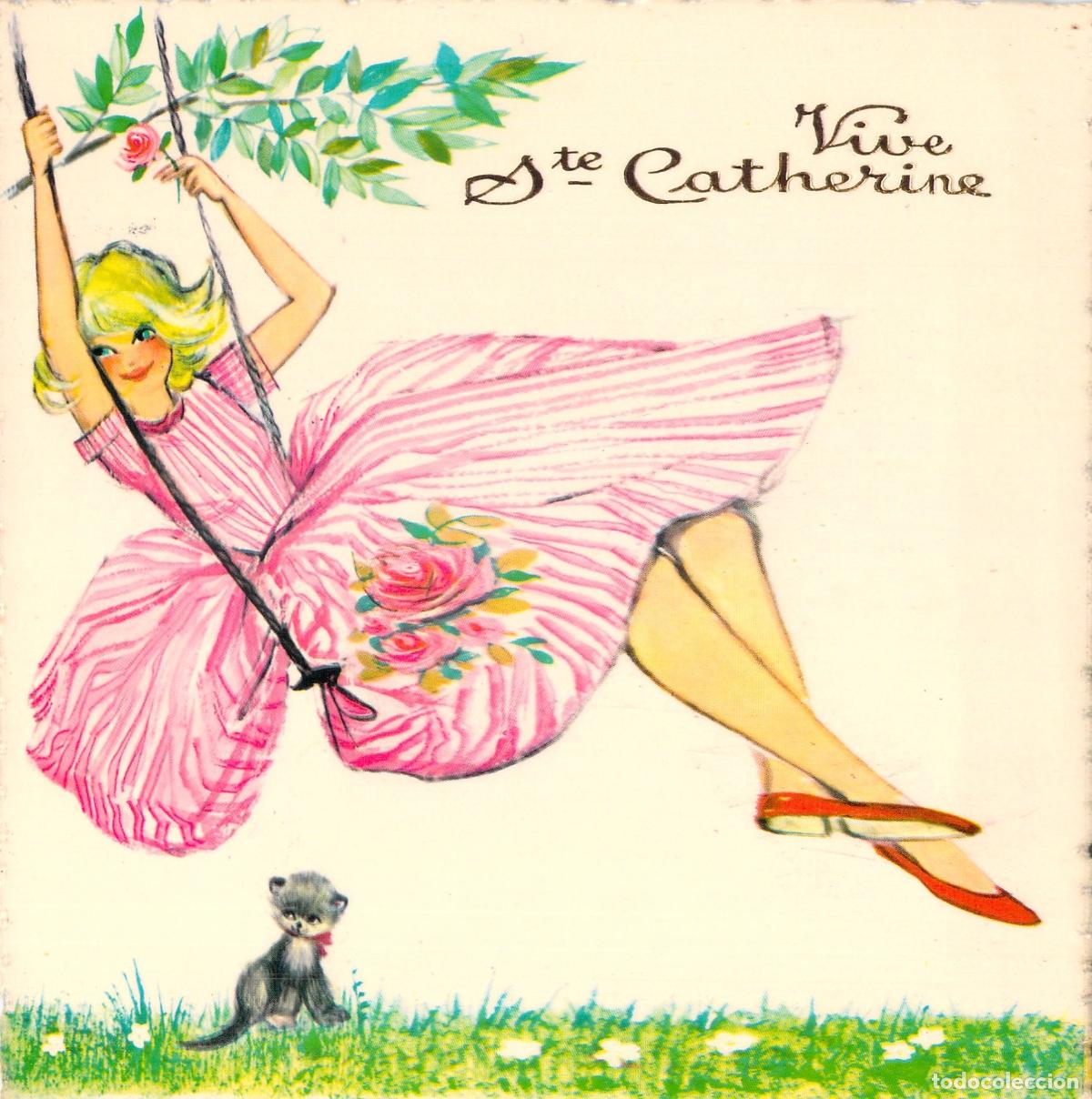 Postales: Postal de Santa Catalina con Ilustraci&oacute;n de Mujer en Columpio