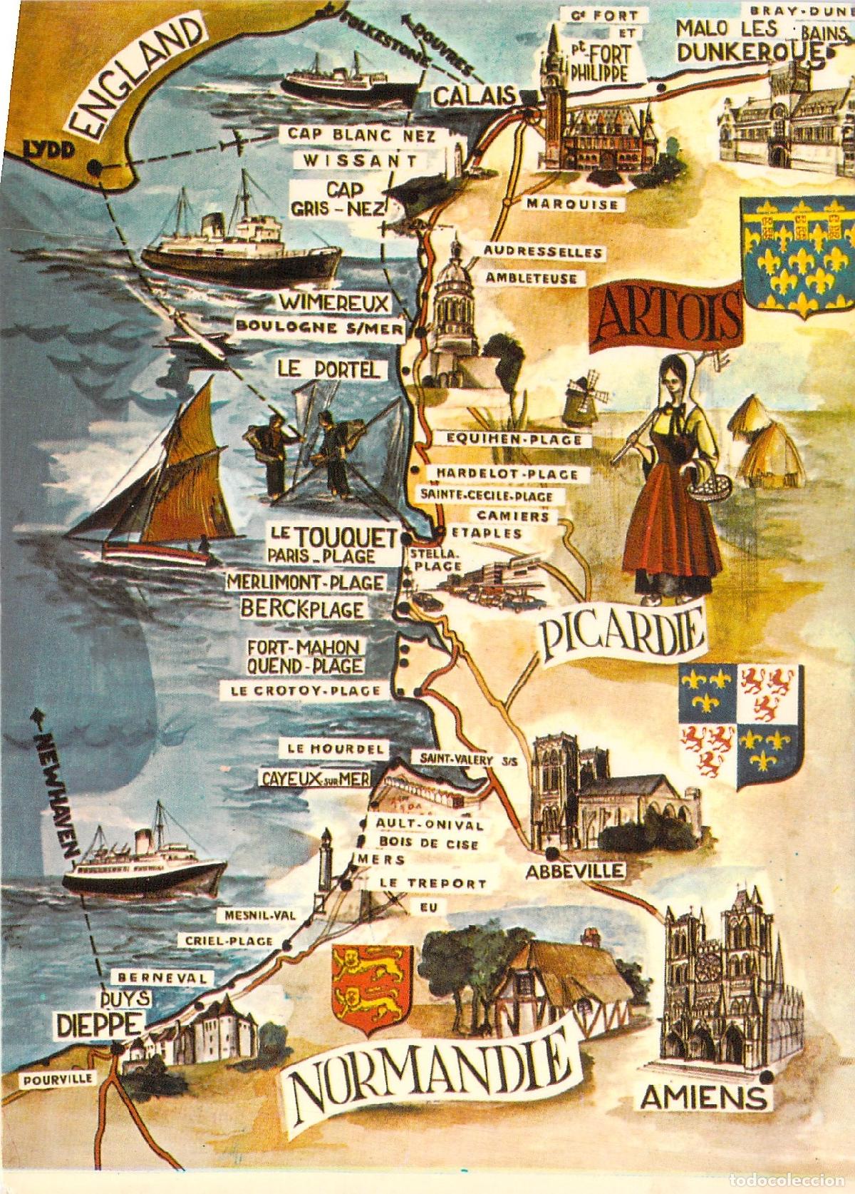 Postales: Postal Mapa Ilustrado de Picard&iacute;a, Normand&iacute;a y Artois