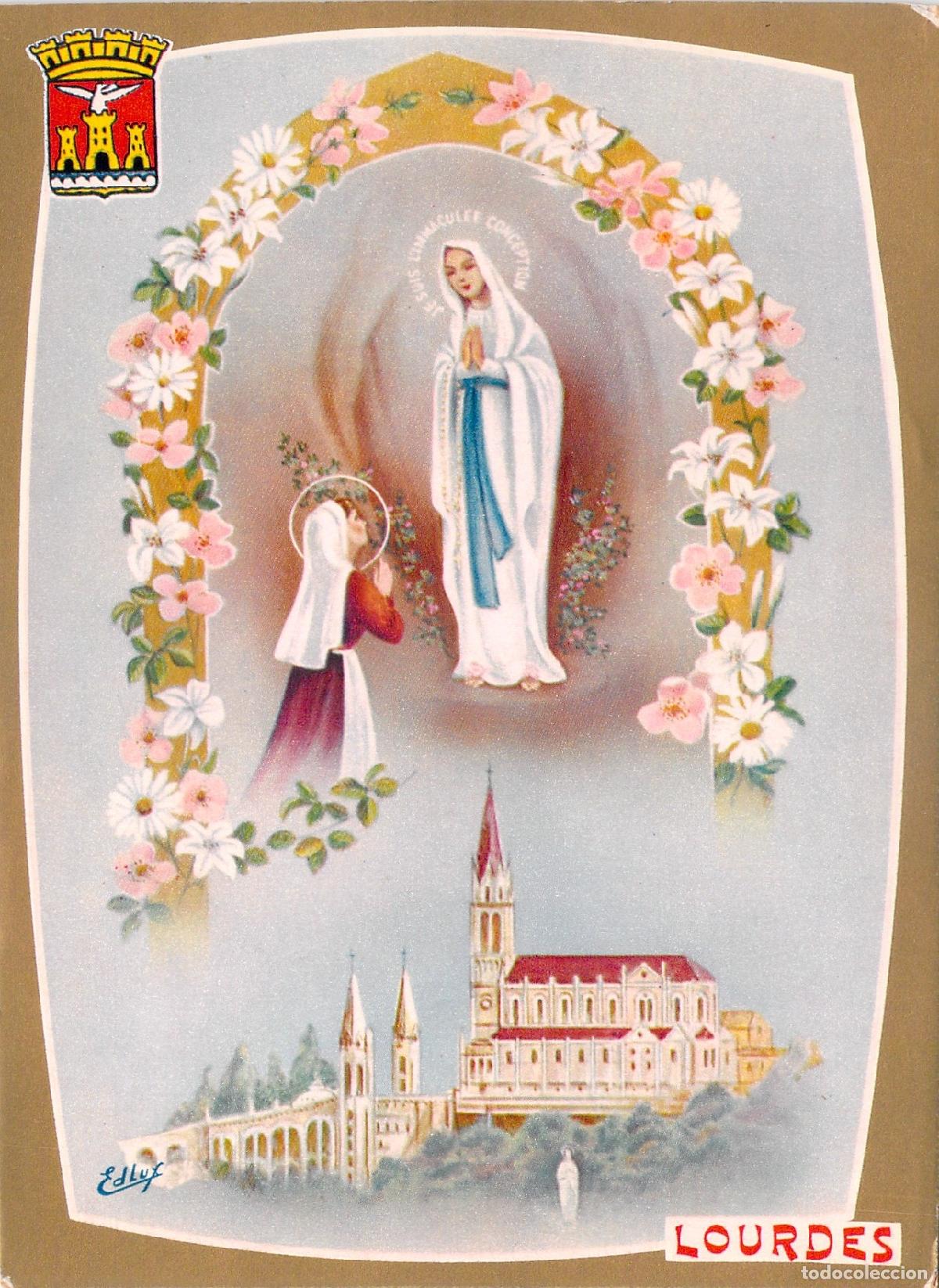 Postales: Postal de Lourdes con la Virgen Mar&iacute;a y la Bas&iacute;lica