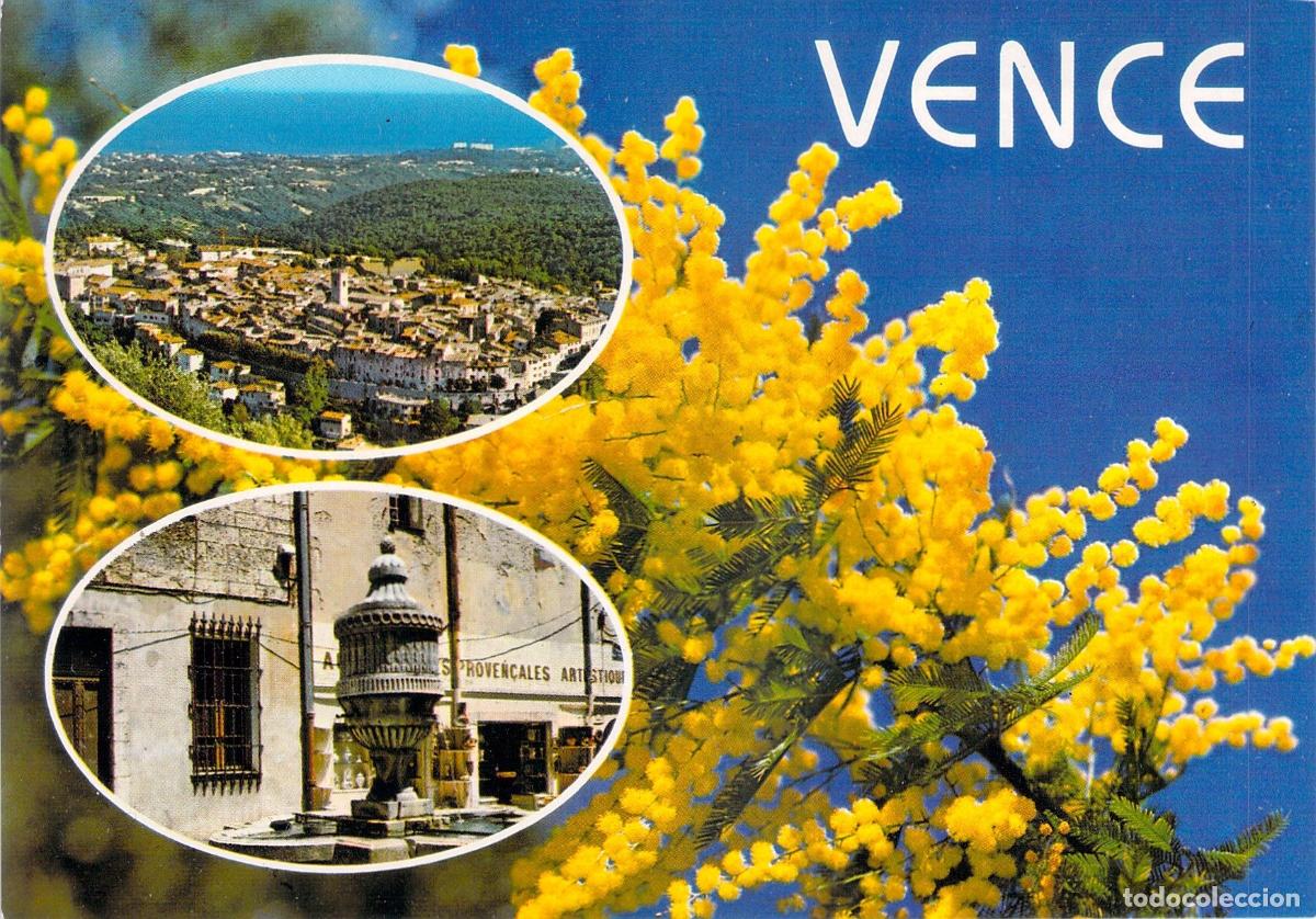 Postales: Postal Souvenir de Vence C&ocirc;te d'Azur Flores Mimosa y Vista de la Ciudad