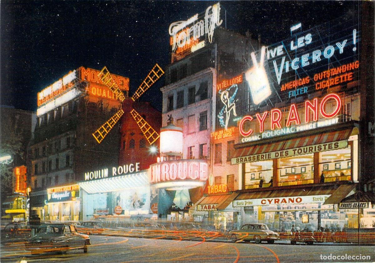 Postales: Postal del Moulin Rouge de Noche en Par&iacute;s con Luces de Ne&oacute;n