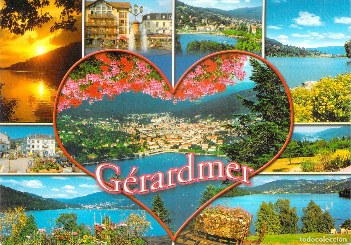 Postales: Postal de G&eacute;rardmer, Vosgos, Francia - Dise&ntilde;o de Coraz&oacute;n y Vistas del Lago