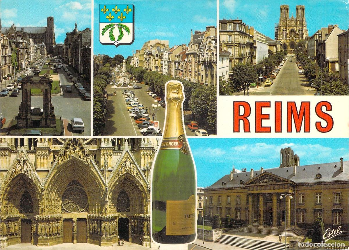 Postales: Postal Multivista de Reims con Catedral y Champa&ntilde;a Taittinger