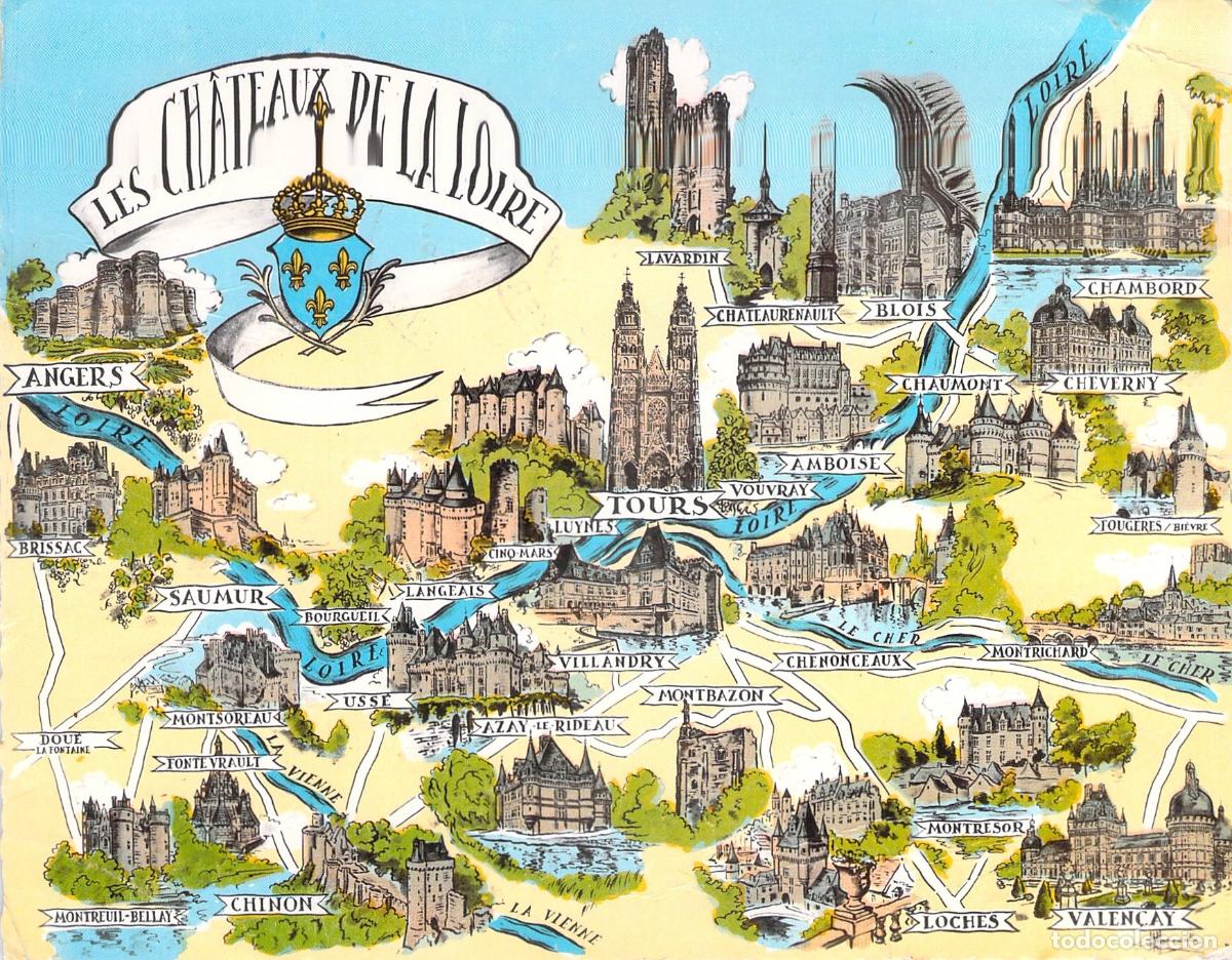 Postales: Postal Mapa Ilustrado de los Castillos del Valle del Loira Francia