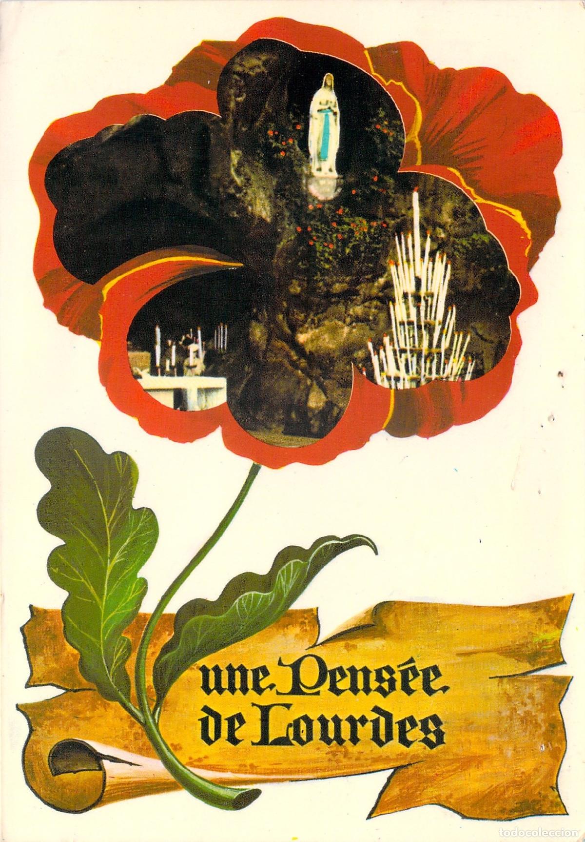 Postales: Postal Souvenir de Lourdes con Gruta de Massabielle y Flores