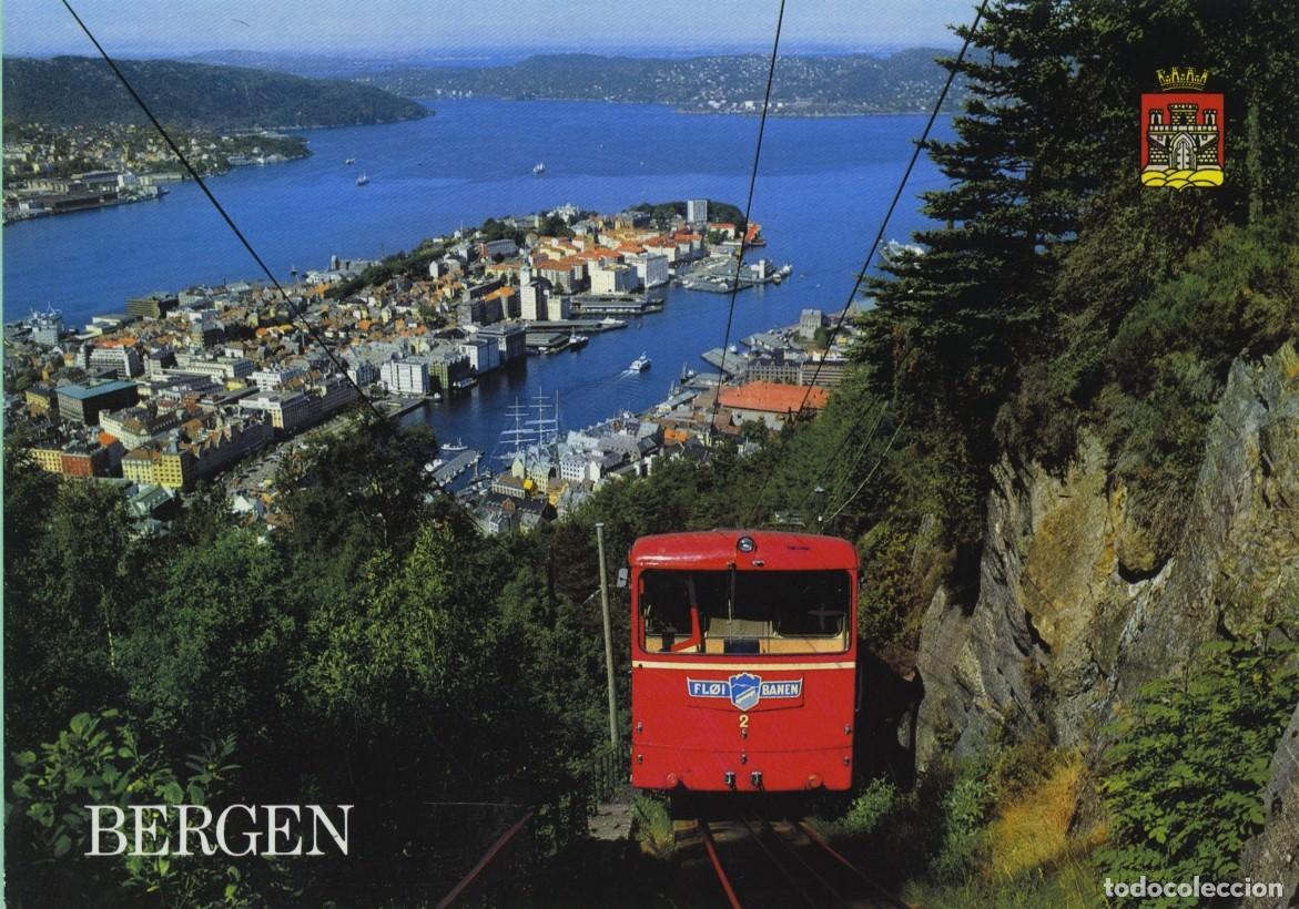 Postales: N&ordm; F-10846-3-BERGEN. Noruega. Vista de la ciudad con el funicular. Sin circular. ED. AUNE KUNSTFORLA
