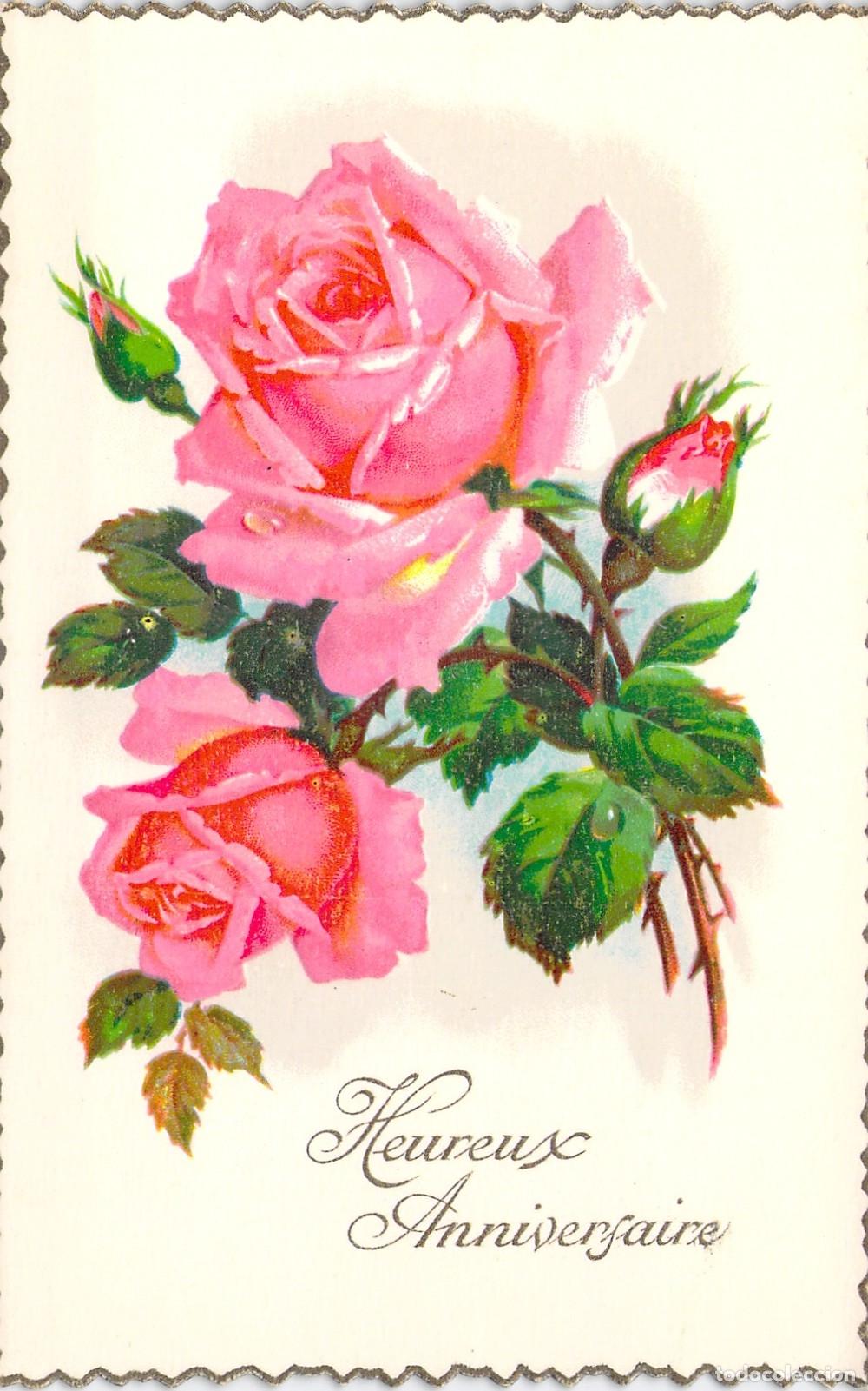 Postales: Postal de Felicitaci&oacute;n con Rosas Rosadas Heureux Anniversaire