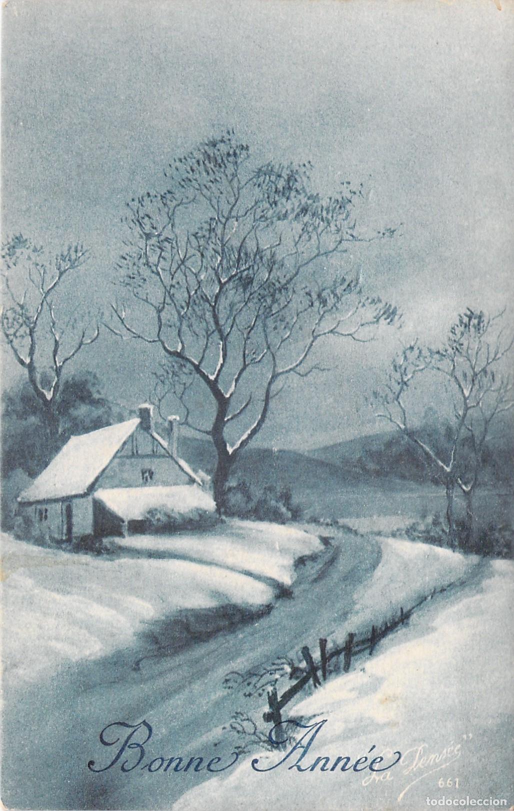 Postales: Postal de Felicitaci&oacute;n de A&ntilde;o Nuevo con Paisaje de Invierno y Caba&ntilde;a