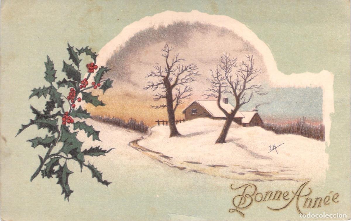 Postales: Postal de Felicitaci&oacute;n de A&ntilde;o Nuevo con Paisaje Invernal y Acebo