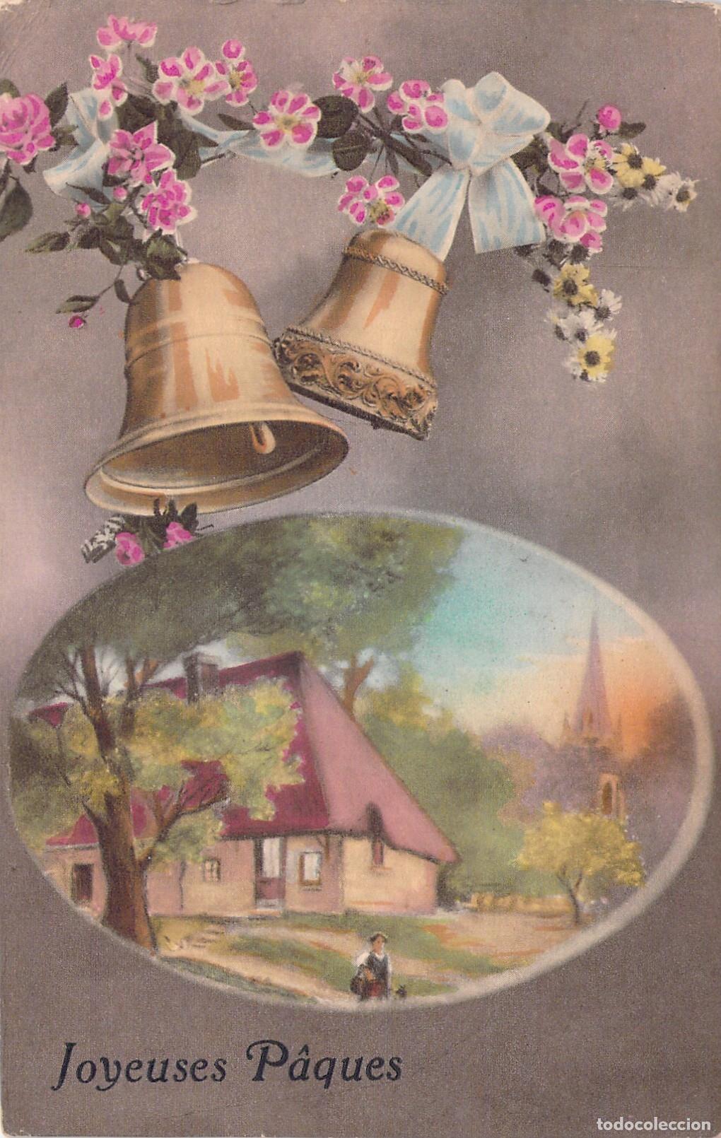 Postales: Postal Joyeuses P&acirc;ques con Campanas y Paisaje Rural Franc&eacute;s