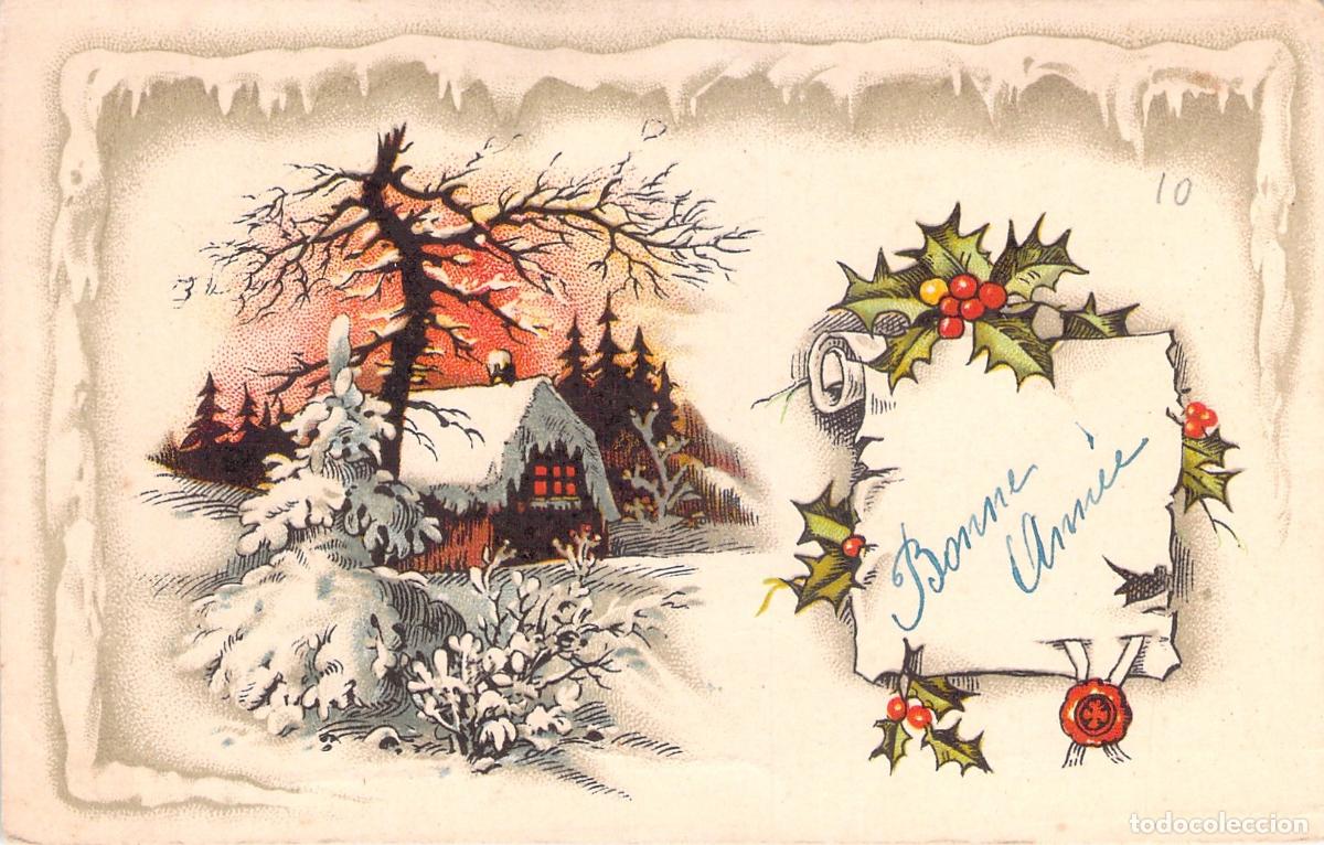 Postales: Postal Francesa de A&ntilde;o Nuevo con Paisaje Invernal y Acebo