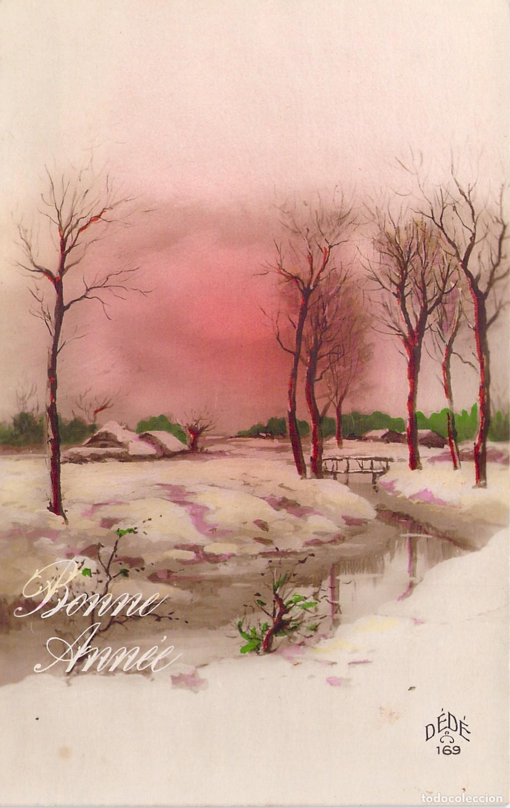 Postales: Postal de Felicitaci&oacute;n de A&ntilde;o Nuevo con Paisaje Invernal y Nieve