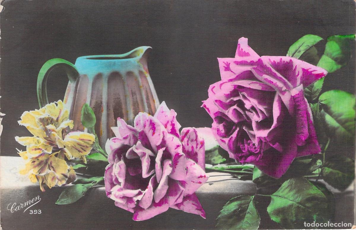 Postales: Postal de Bodeg&oacute;n con Rosas Rosadas y Jarra de Cer&aacute;mica