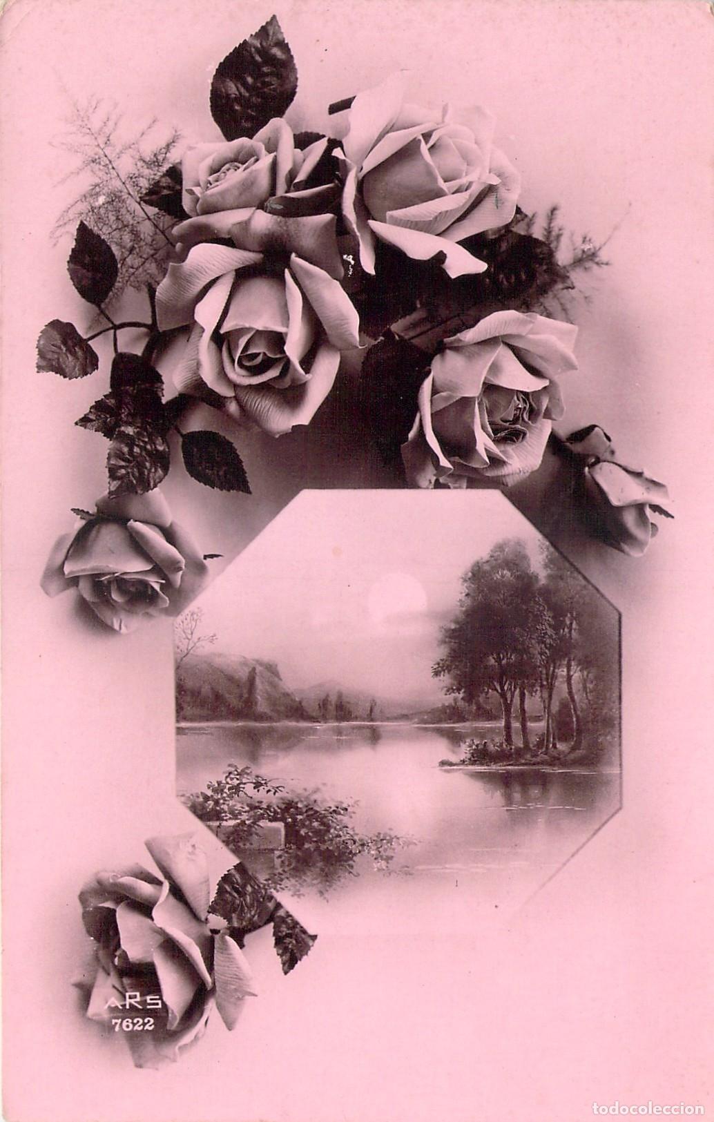Postales: Postal Art&iacute;stica de Rosas y Paisaje de Lago Franc&eacute;s