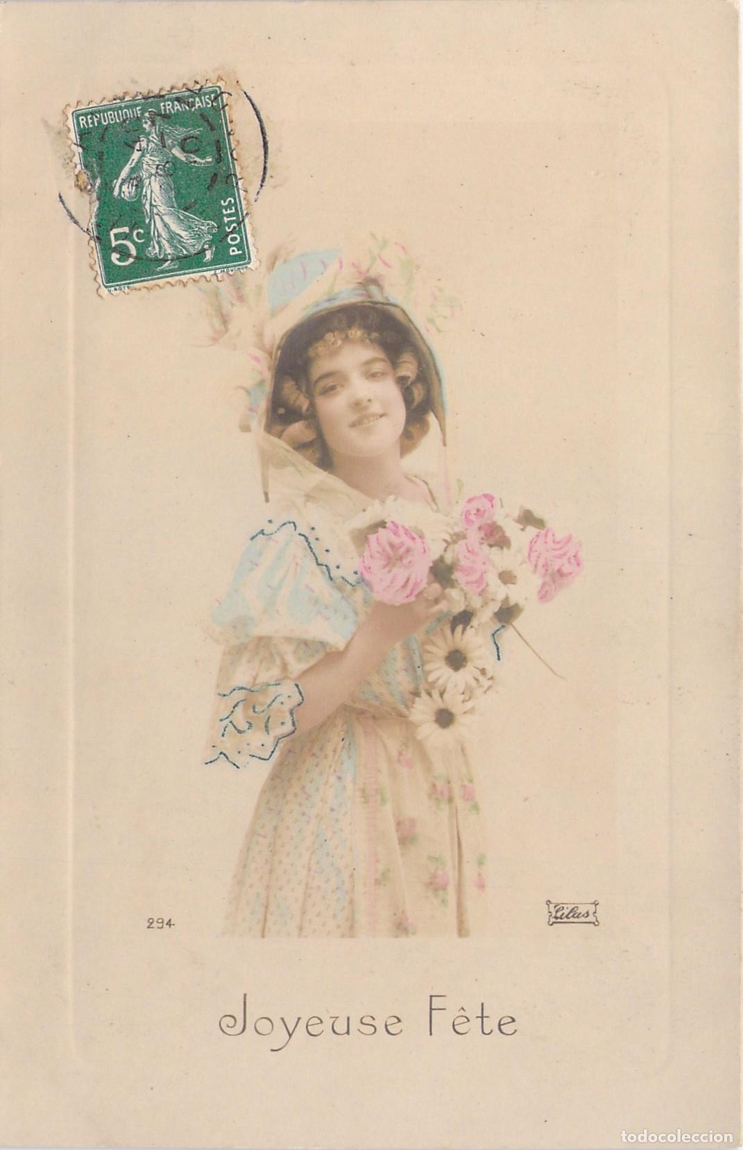 Postales: Postal Francesa Joyeuse F&ecirc;te con Retrato de Mujer y Flores