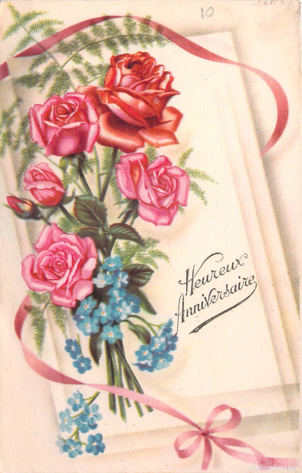 Postales: Postal Francesa de Feliz Cumplea&ntilde;os con Rosas y Lazo Rosa