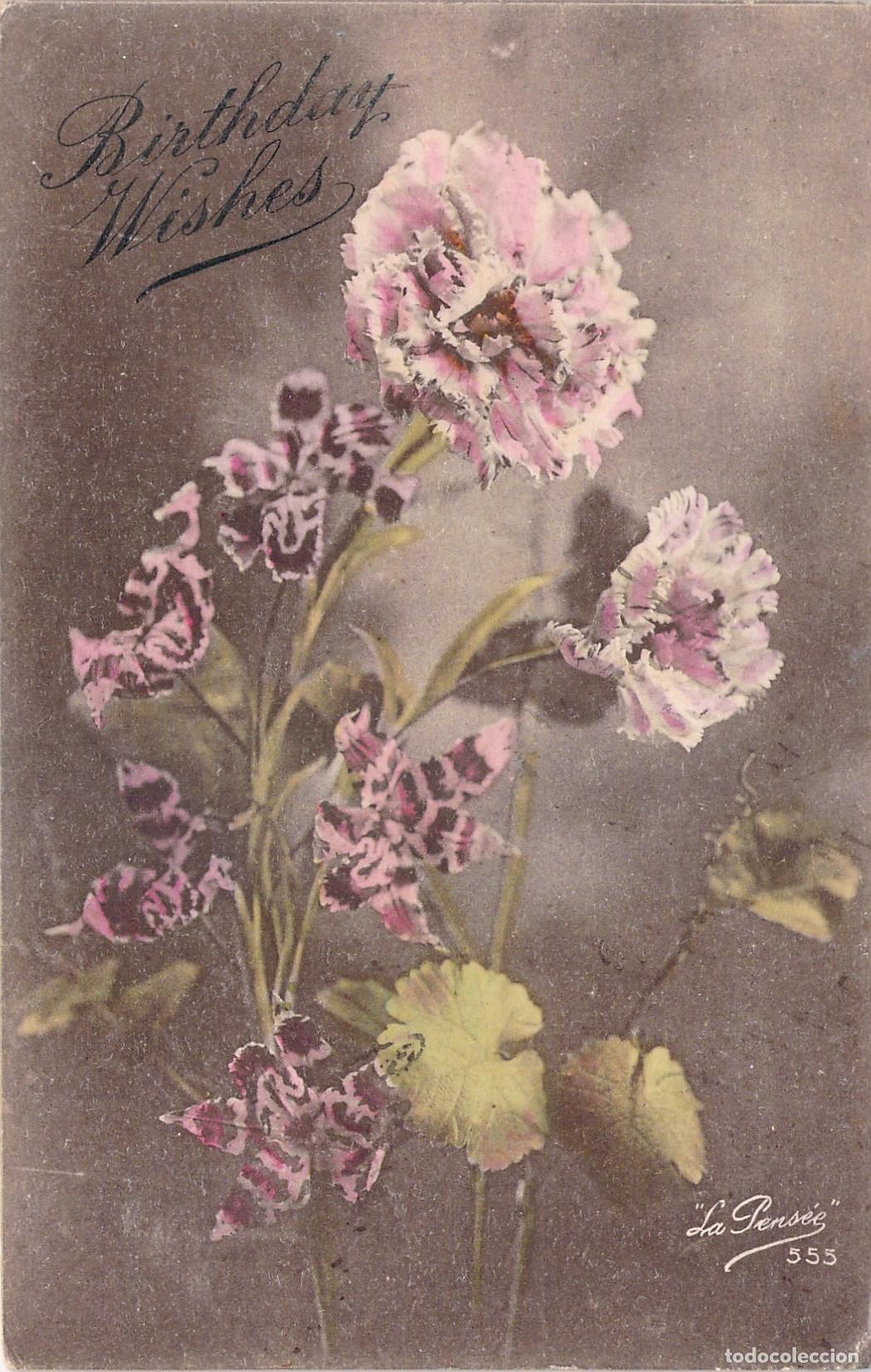 Postales: Postal de Felicitaci&oacute;n con Flores y Pensamientos Rosas