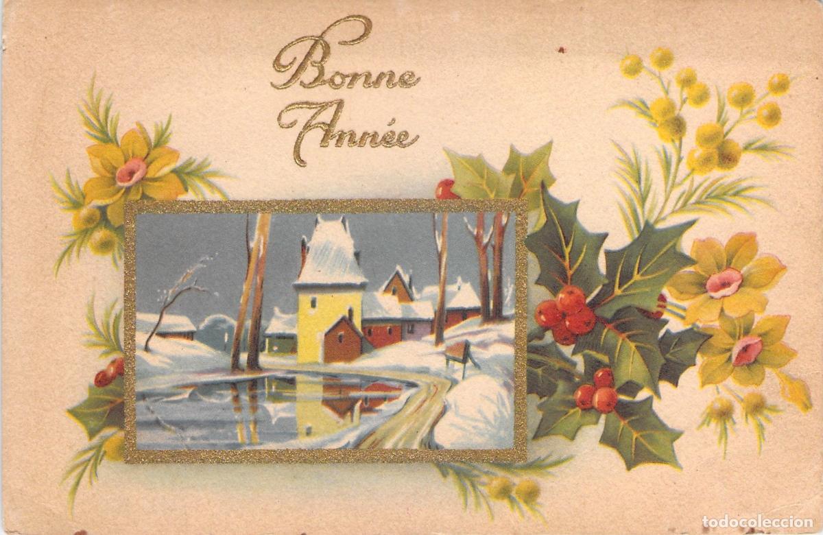 Postales: Postal de Feliz A&ntilde;o Nuevo con Paisaje Invernal y Flores