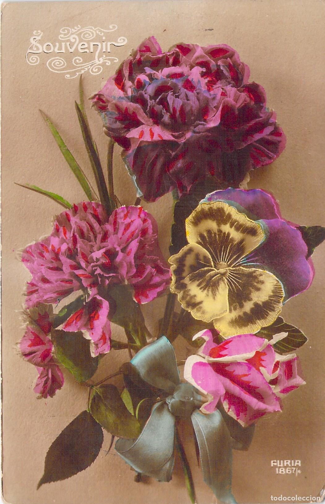 Postales: Tarjeta Postal Antigua con Ramo de Flores y Lazo - Souvenir