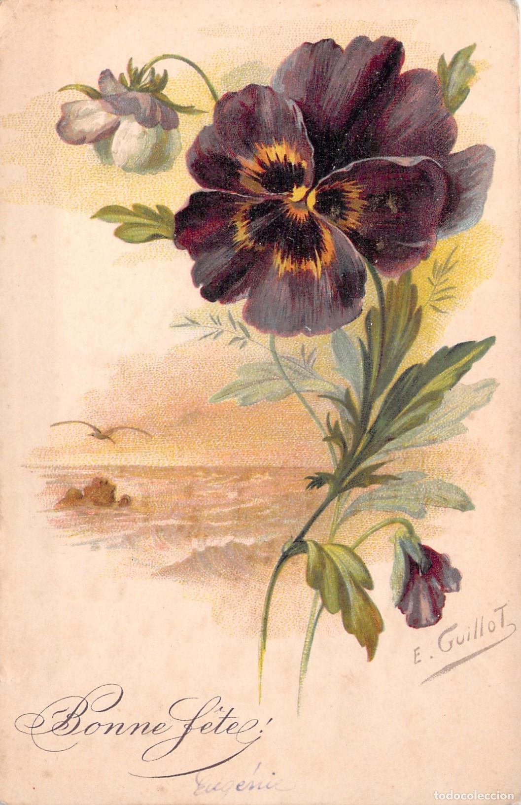 Postales: Postal de Ilustraci&oacute;n de Flores con Paisaje de Playa y Mar
